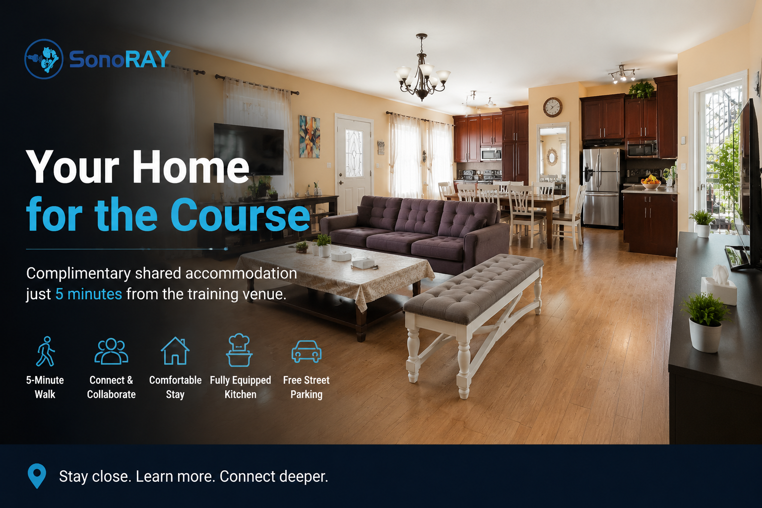 SonoRAY course accommodation featuring a comfortable shared living space with bedrooms, kitchen, and lounge area for participants attending ultrasound training courses